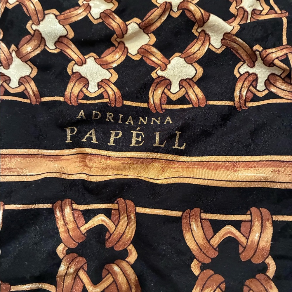 VINTAGE Adrianna Papell Black and Tan Chain LARGE -SILK- Scarf